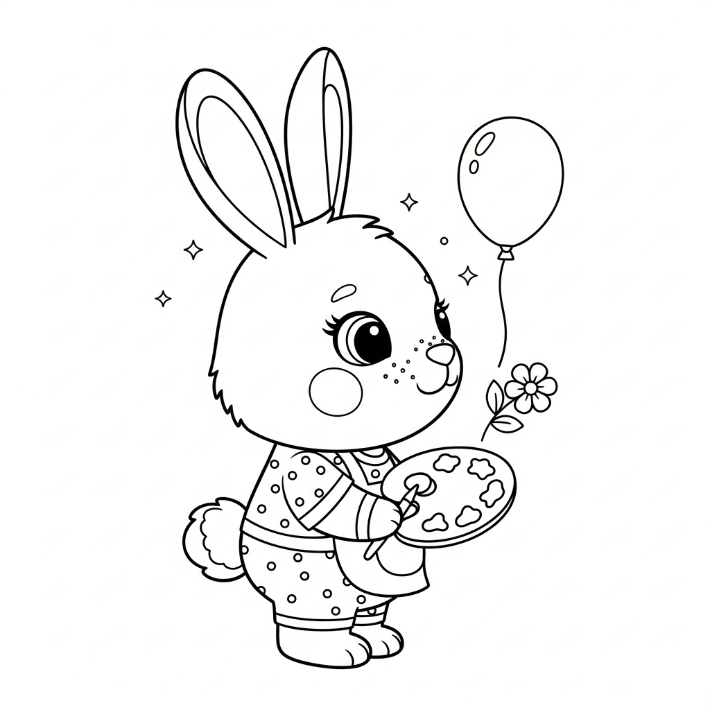 Desenho de coelho para colorir vestido de pintor com paleta e pincel pequeno