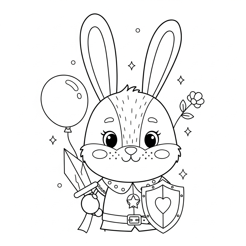 Desenho de coelho para colorir vestido de cavaleiro com escudo, espada e pedra pequena.
