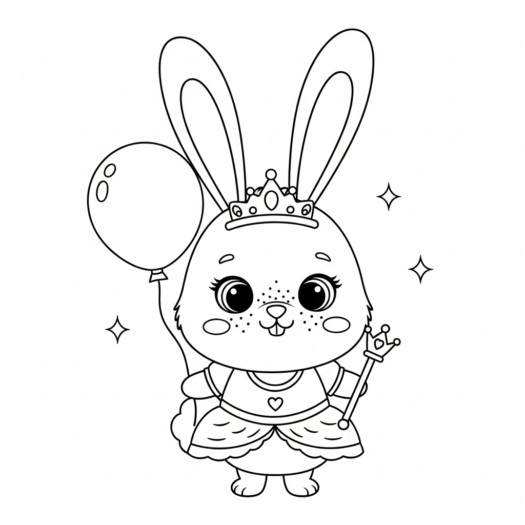 Desenho de coelho para colorir vestido de princesa com tiara, cetro e flor.