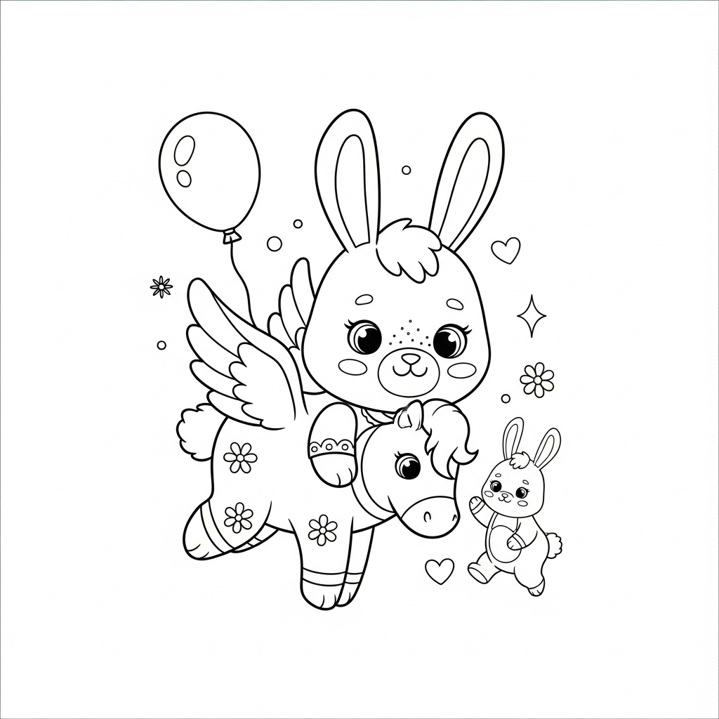 Desenho de coelho para colorir vestido de pégaso voando com estrelinha pequena