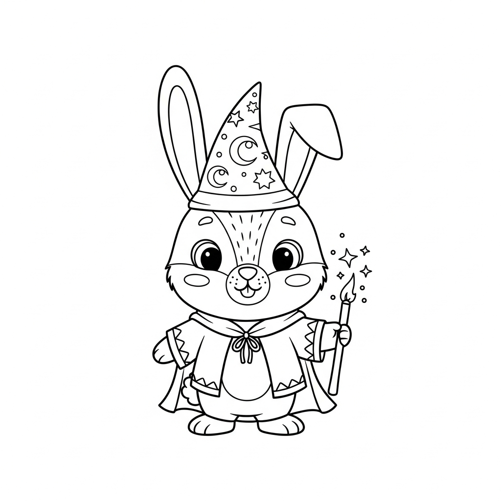 Desenho de coelho para colorir vestido de feiticeiro lançando feitiço com estrelas