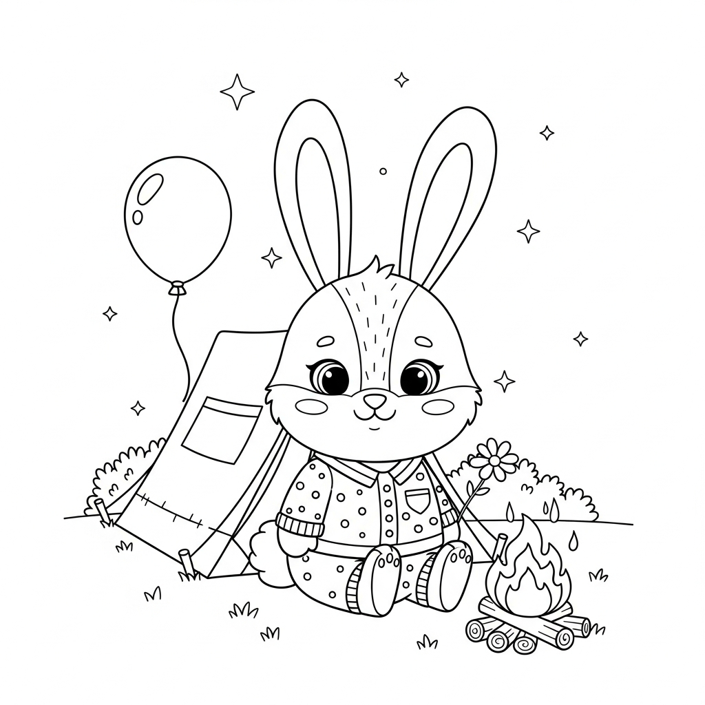 Desenho de coelho para colorir acampando em barraca com fogueira e lanterna.