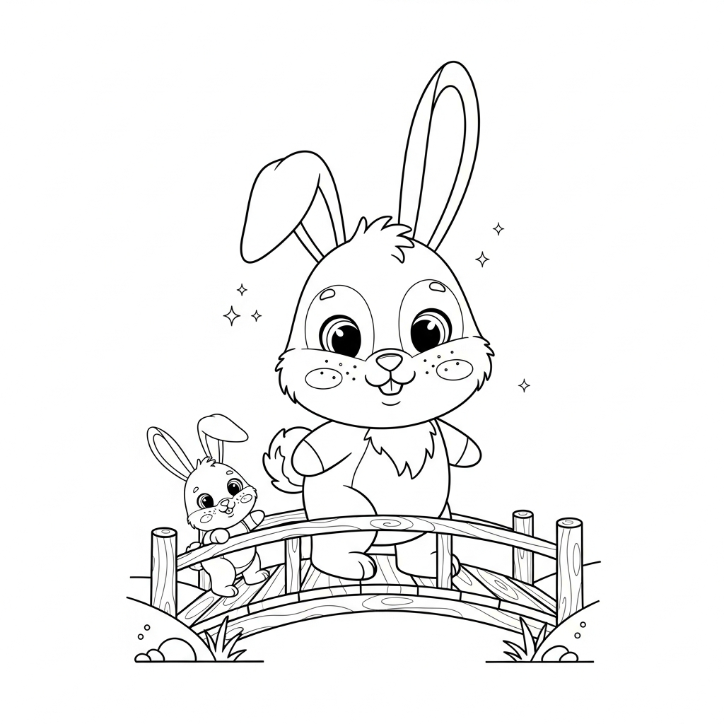 Desenho de coelho para colorir atravessando uma ponte de madeira