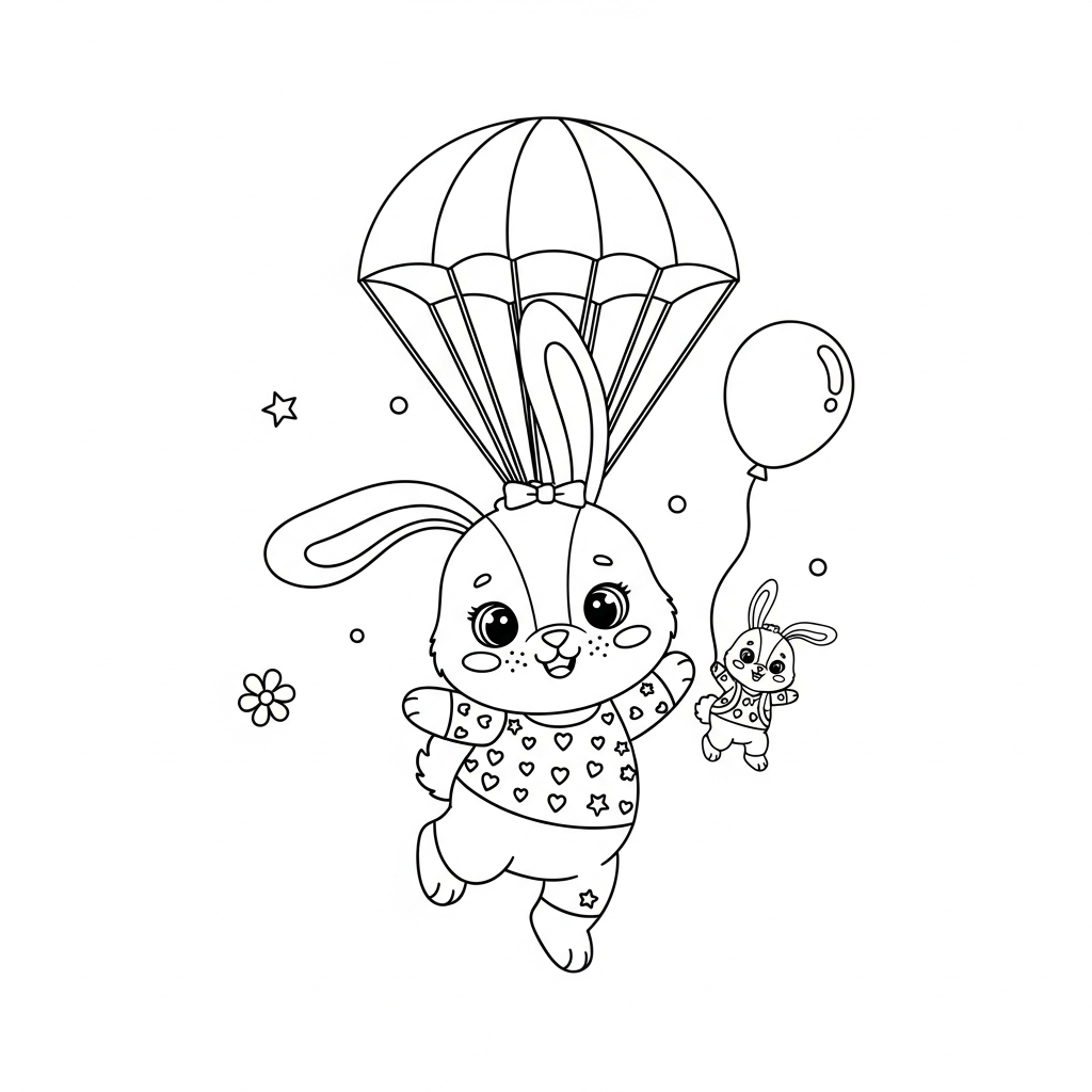 Desenho de coelho para colorir descendo em paraquedas no céu com nuvem pequena