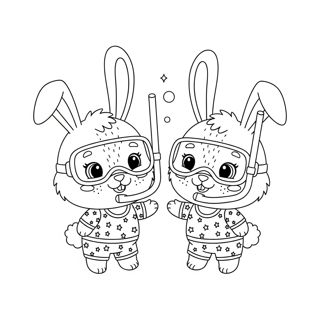 Desenho de coelho para colorir mergulhando com snorkel e nadadeiras.