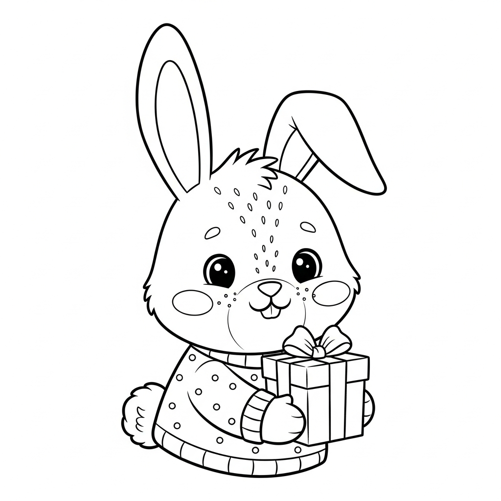 Desenho de coelho para colorir entregando presente de natal embrulhado.