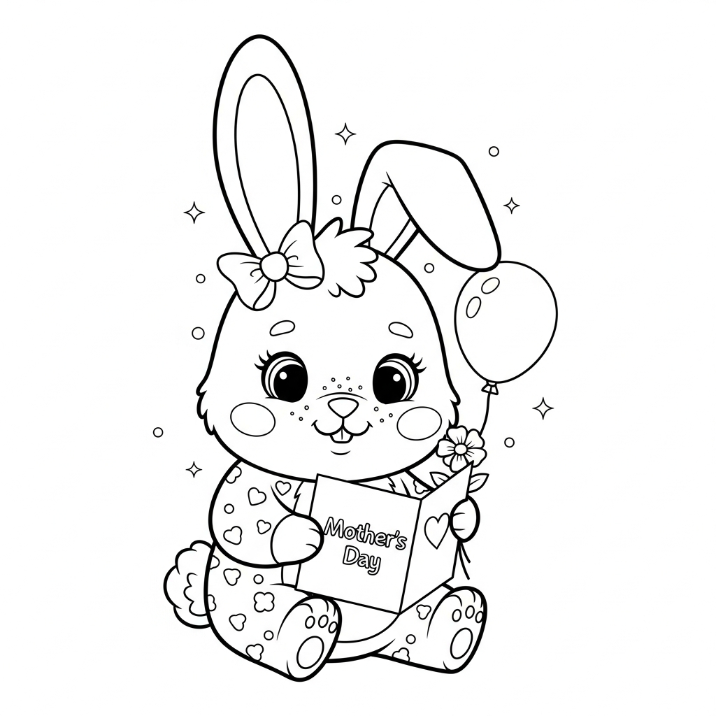 Desenho de coelho para colorir escrevendo cartão de dia das mães com lápis.