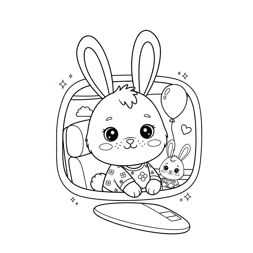 Desenho de coelho para colorir dentro de avião com janela e mala pequena
