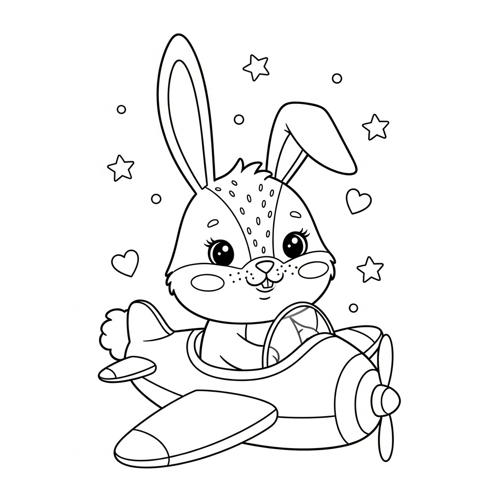 Desenho de coelho para colorir pilotando avião pequeno com estrelinhas e corações decorativos