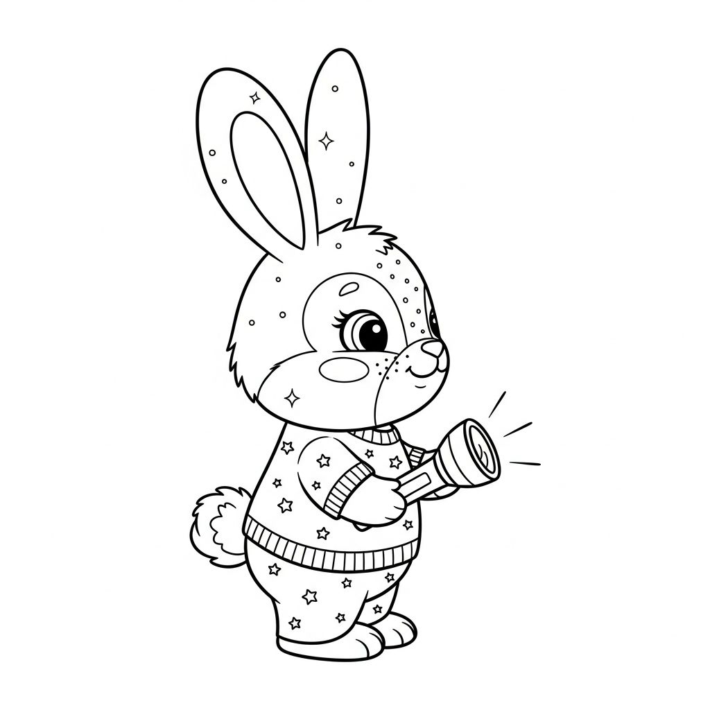 Desenho de coelho para colorir segurando lanterna iluminando o caminho em contorno