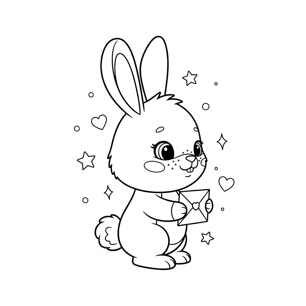 Desenho de coelho para colorir segurando carta dobrada entre estrelinhas e corações decorativos.