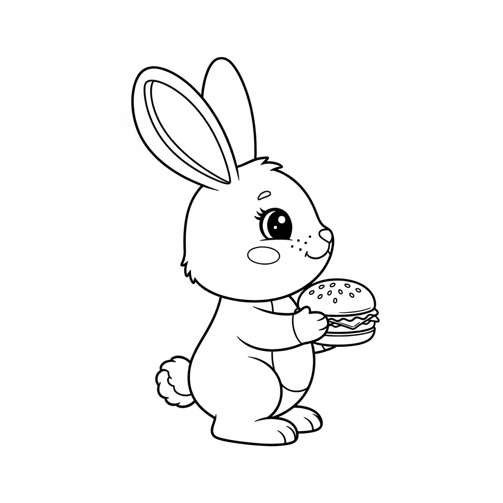 Desenho de coelho para colorir segurando hambúrguer com duas mãos