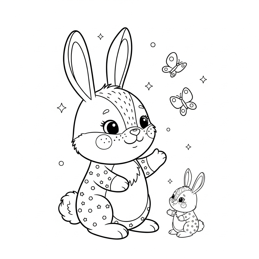 Desenho de coelho para colorir observando borboletas voando ao redor