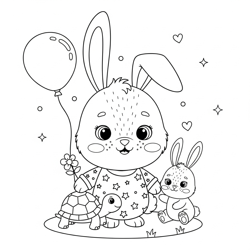 Desenho de coelho para colorir brincando com tartaruga no chão perto de flor.
