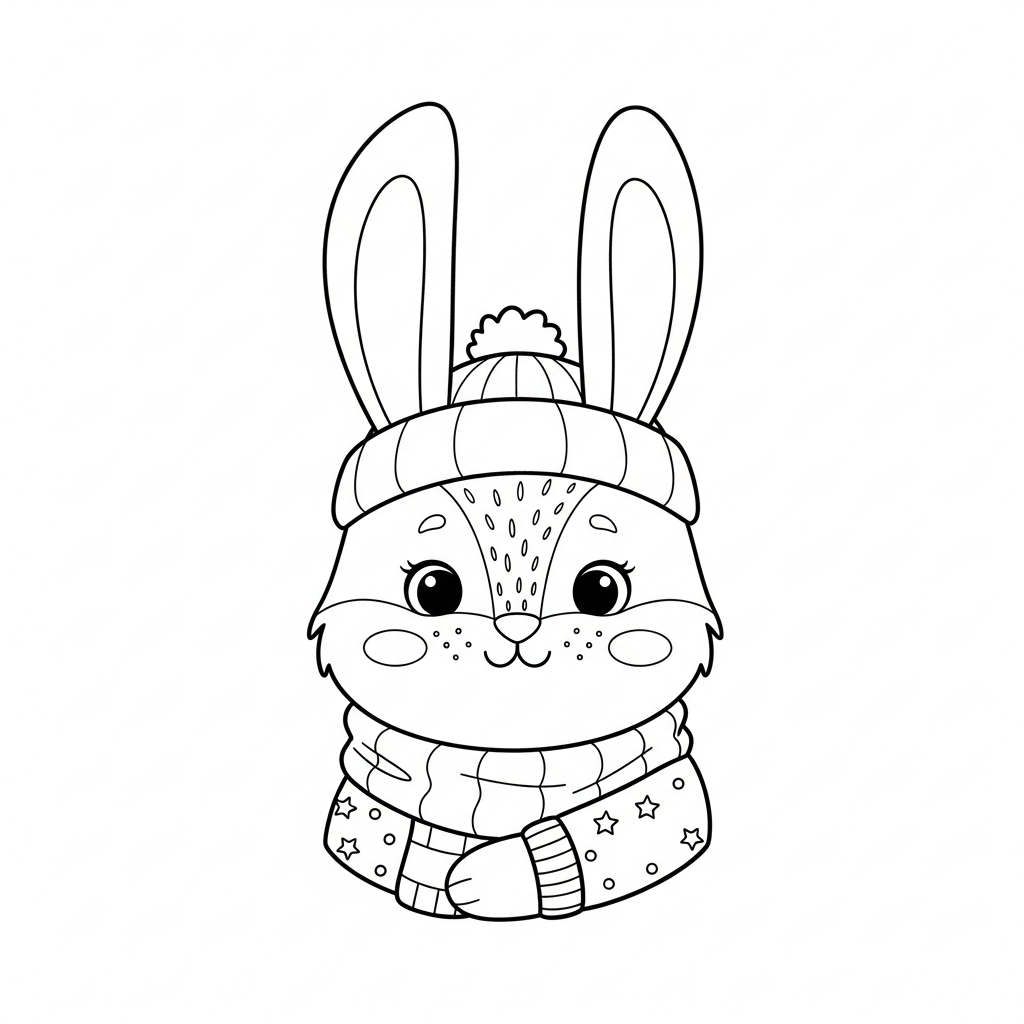 Desenho de coelho para colorir agasalhado com cachecol e gorro fofinho