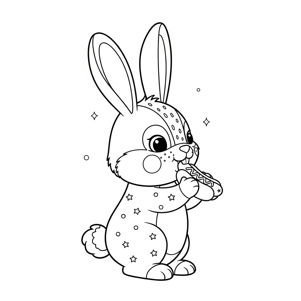 Desenho de coelho para colorir comendo cachorro-quente com duas mãos