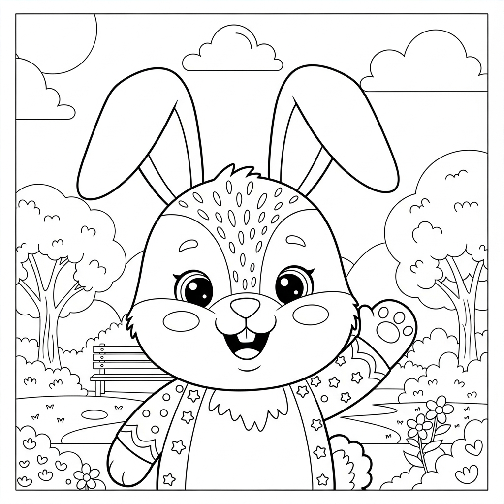 Desenho de coelho para colorir em pé acenando sorridente no parque ensolarado.