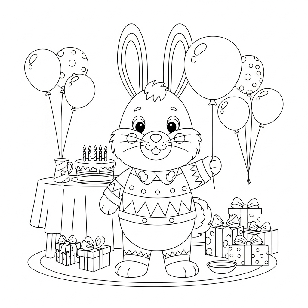 Desenho de coelho para colorir segurando um balão em festa de aniversário