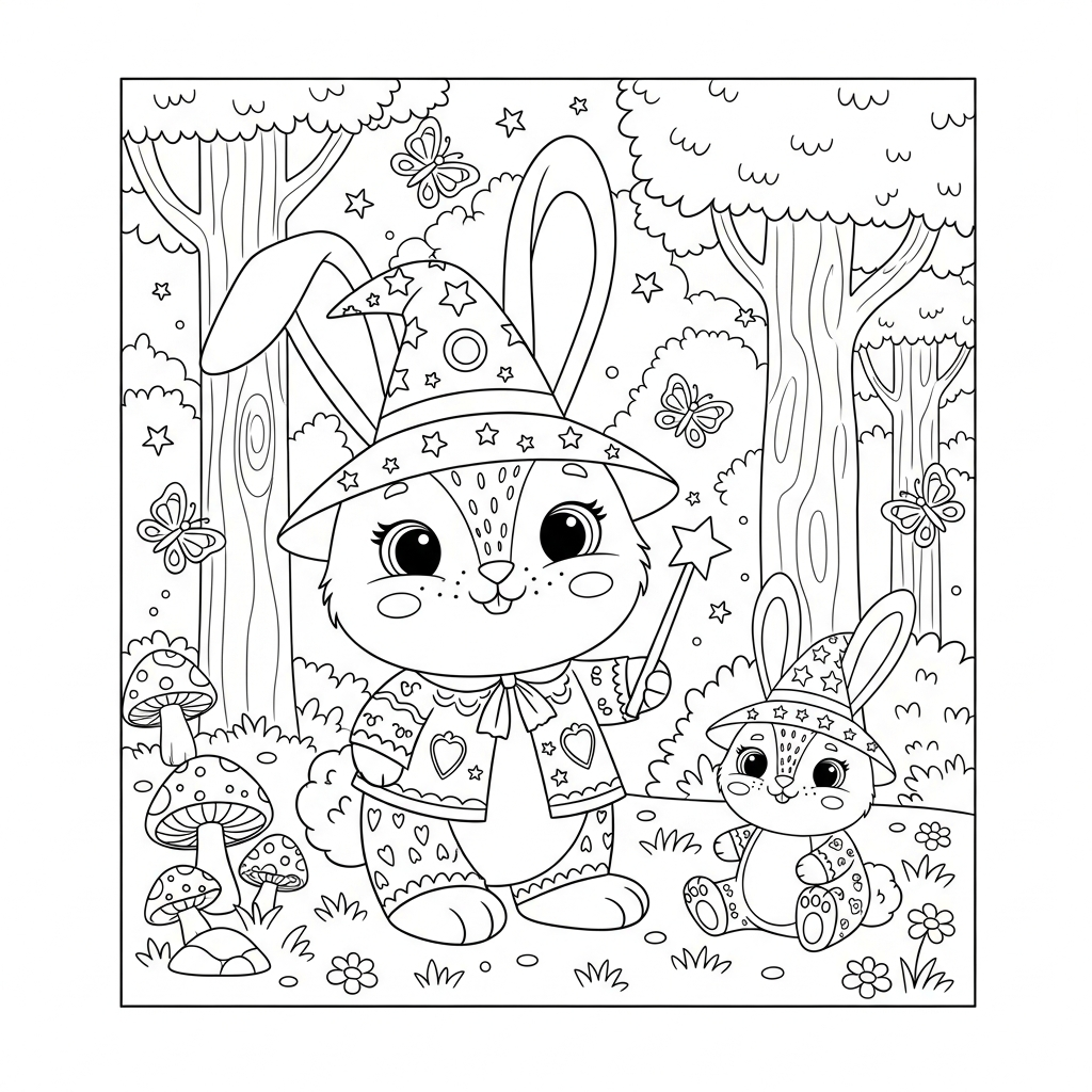 Desenho de coelho para colorir usando chapéu de mago com varinha na floresta.