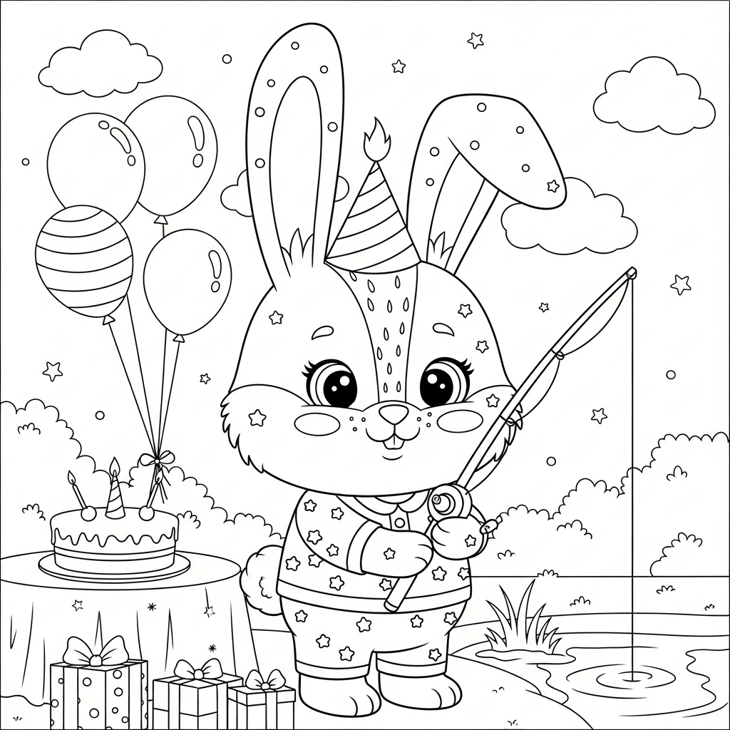 Desenho de coelho para colorir pescando com vara em festa de aniversário