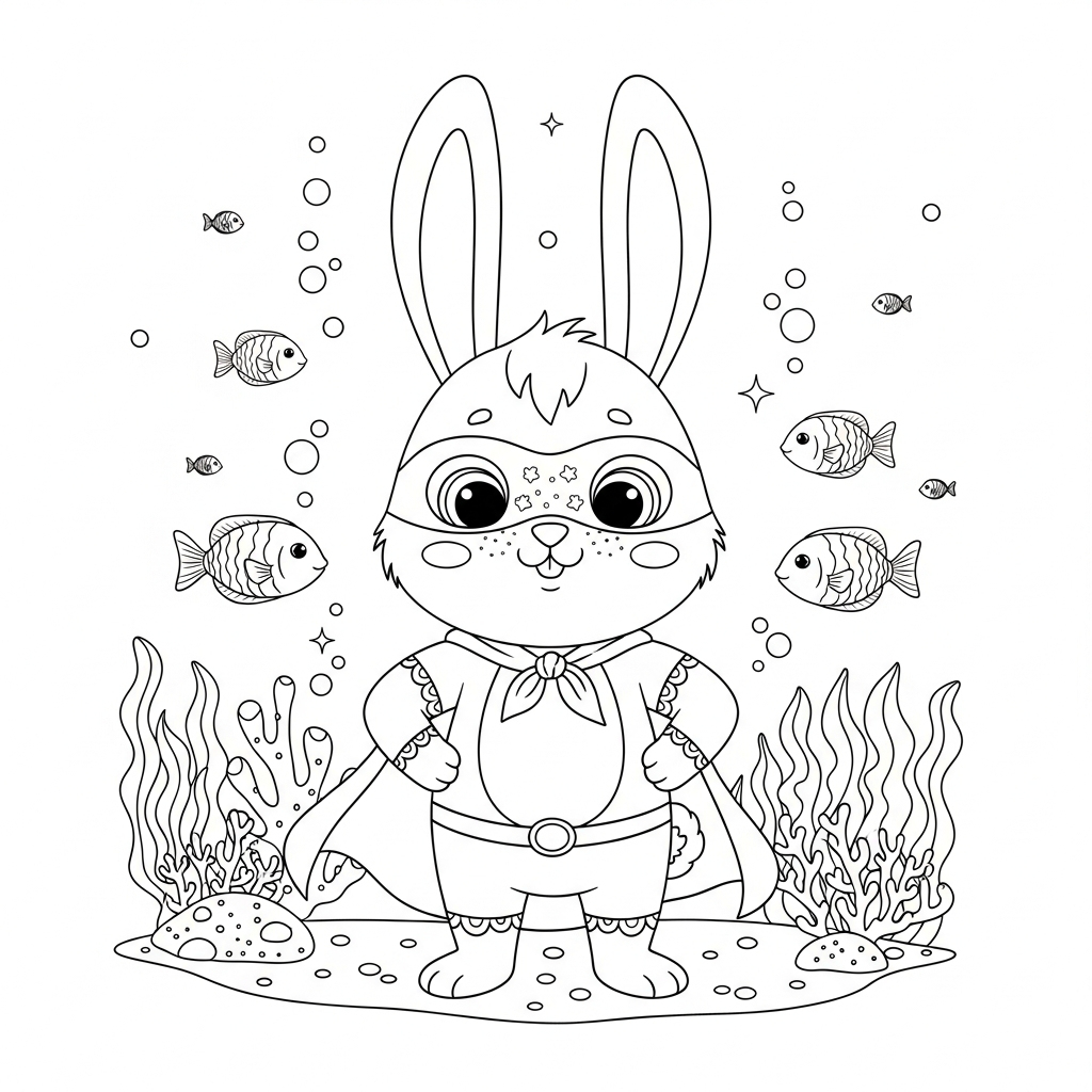 Desenho de coelho para colorir usando capa heroica no fundo do mar