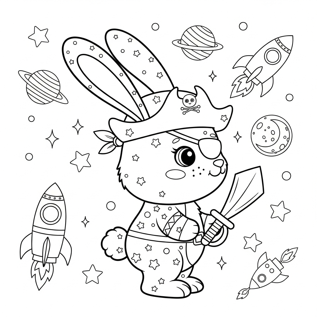 Desenho de coelho para colorir usando chapéu de pirata e tapa-olho no espaço.