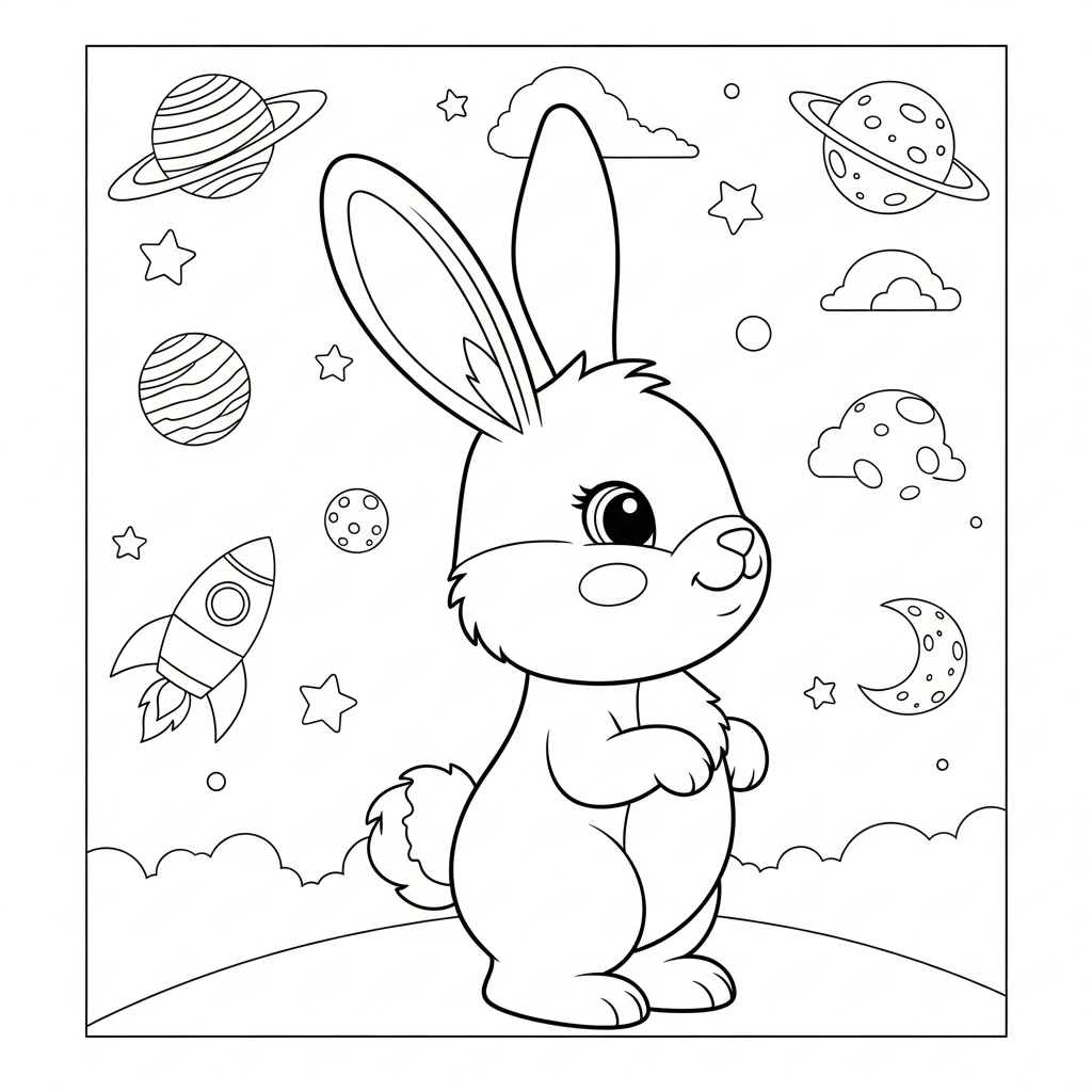 Desenho de coelho para colorir orgulhoso, peito estufado, no espaço com planetas e foguete.