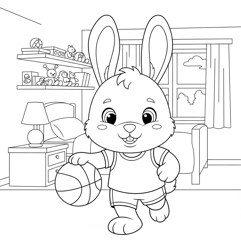 Desenho de coelho para colorir driblando bola de basquete no quarto com cama e brinquedos