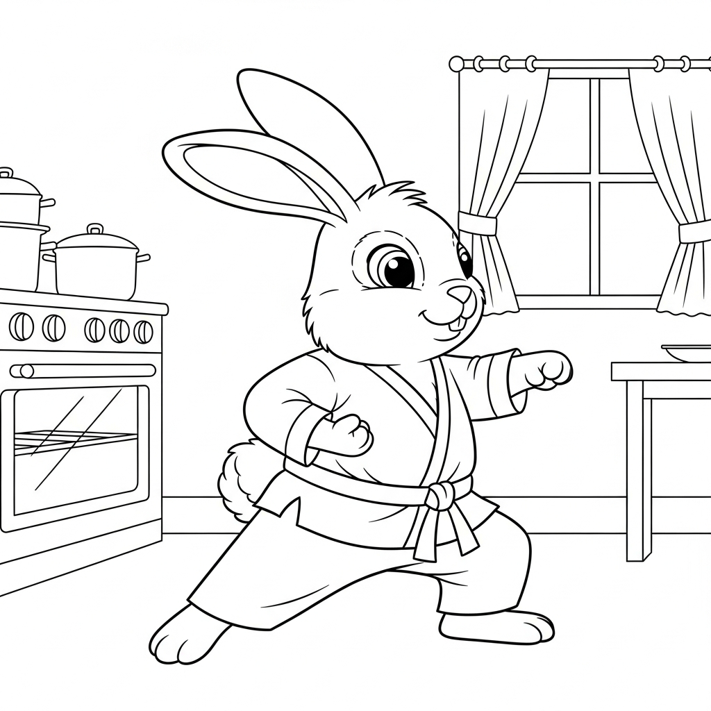 Desenho de coelho para colorir praticando karatê em postura de ataque na cozinha.