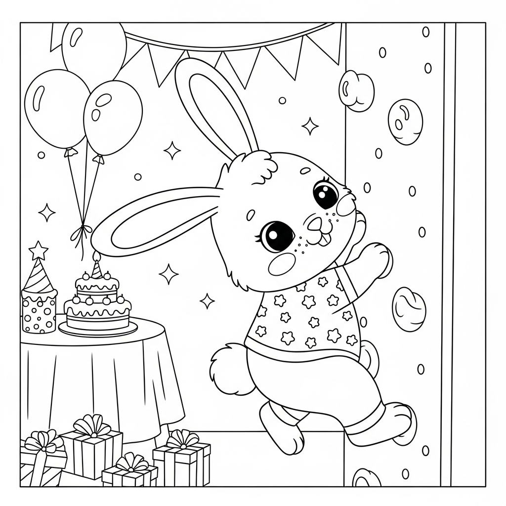 Desenho de coelho para colorir escalando parede de escalada em festa de aniversário.