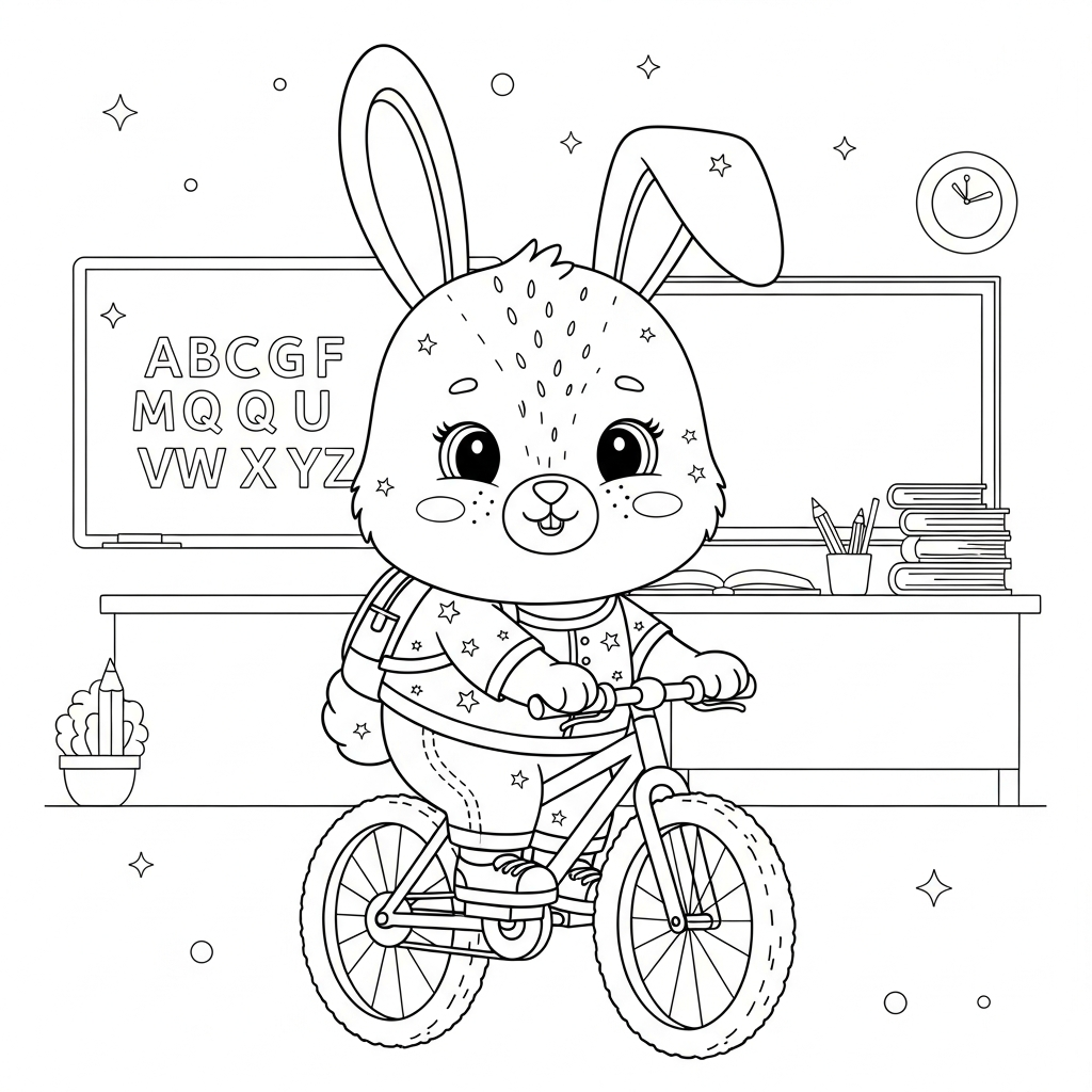 Desenho de coelho para colorir pedalando bicicleta de montanha na sala de aula.