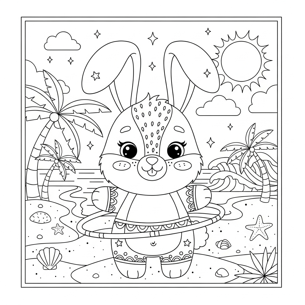 Desenho de coelho para colorir brincando com bambolê na cintura na praia com palmeiras.