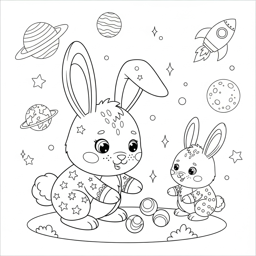 Desenho de coelho para colorir jogando bolinhas de gude entre planetas e foguete.
