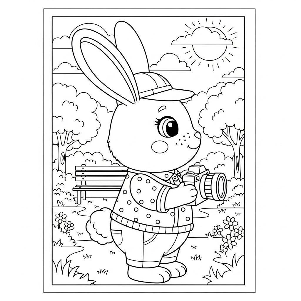 Desenho de coelho para colorir vestido de fotógrafo com câmera no parque ensolarado