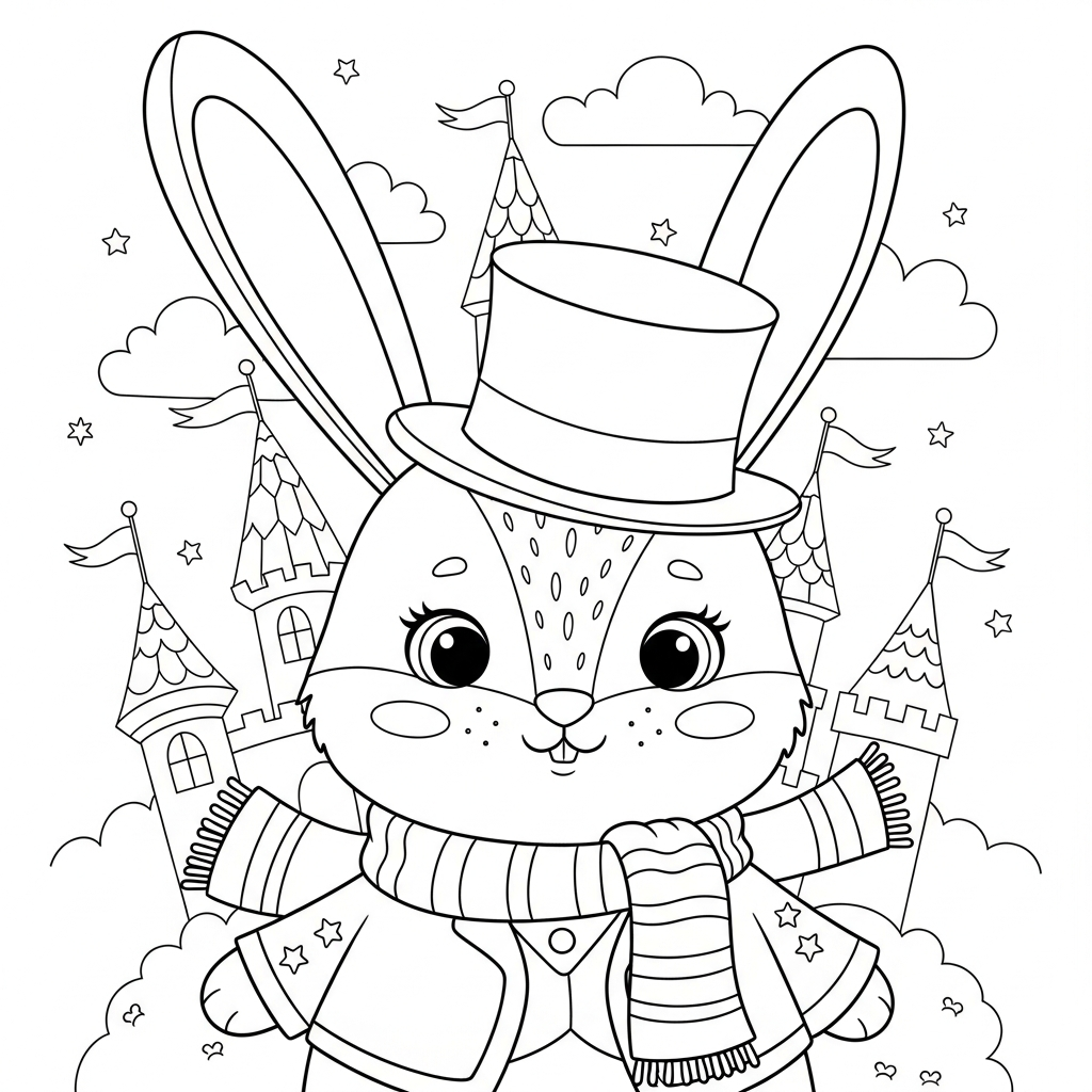 Desenho de coelho para colorir vestido de mágico no castelo de conto de fadas