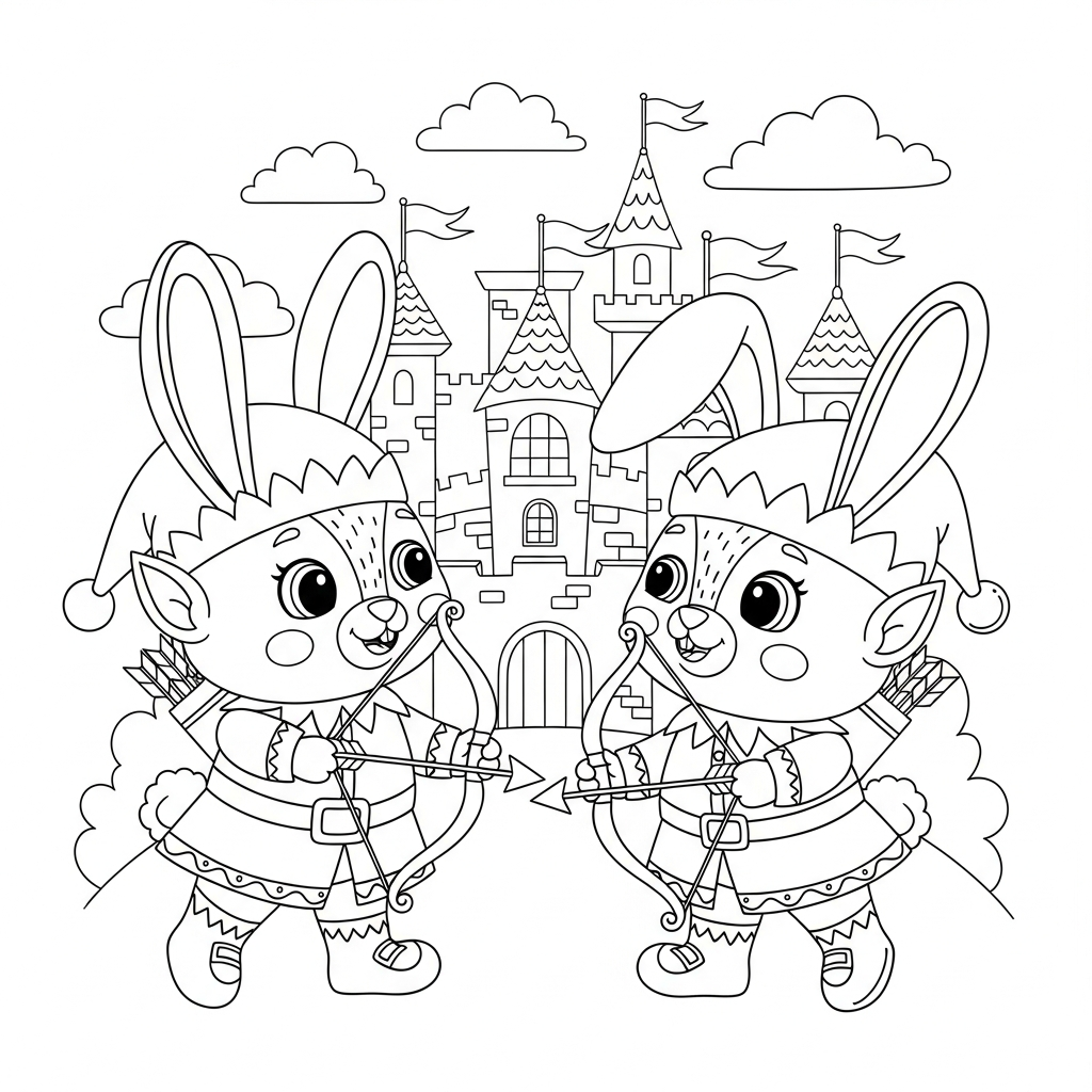 Desenho de coelho para colorir vestido de elfo com arco no castelo encantado.