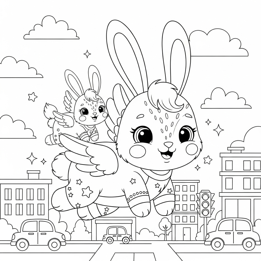 Desenho de coelho para colorir vestido de pégaso voando na rua da cidade