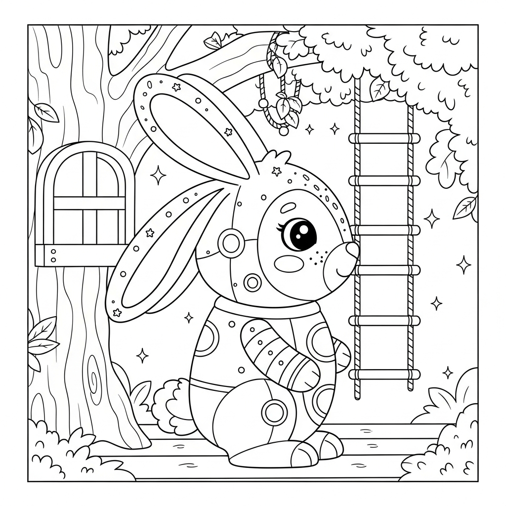Desenho de coelho para colorir vestido de robô com luzes na casa na árvore.