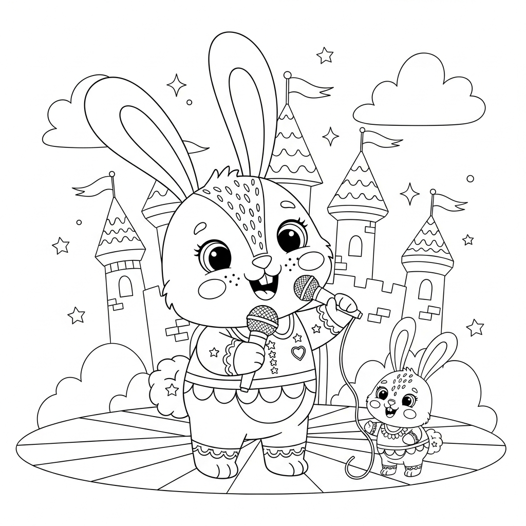 Desenho de coelho para colorir cantando no microfone no palco do castelo encantado.