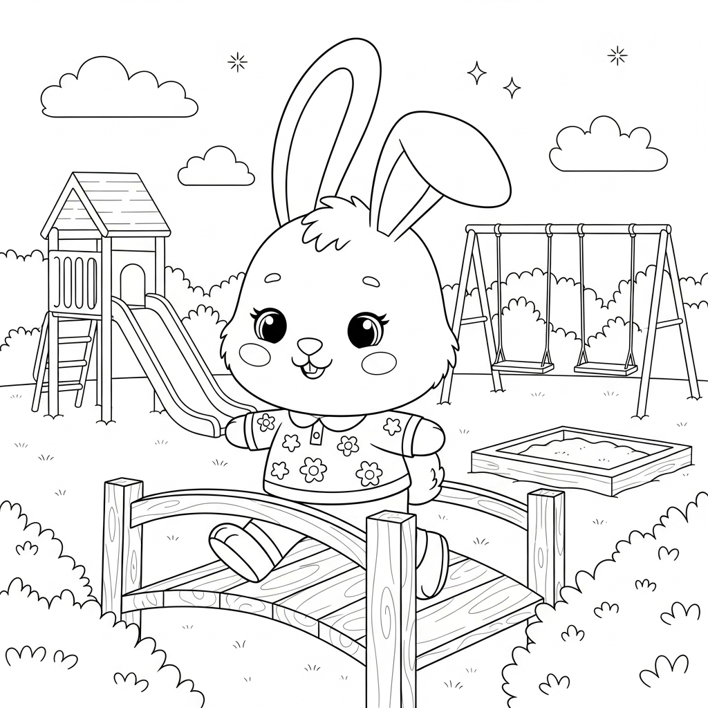 Desenho de coelho para colorir atravessando ponte de madeira no playground com escorregador