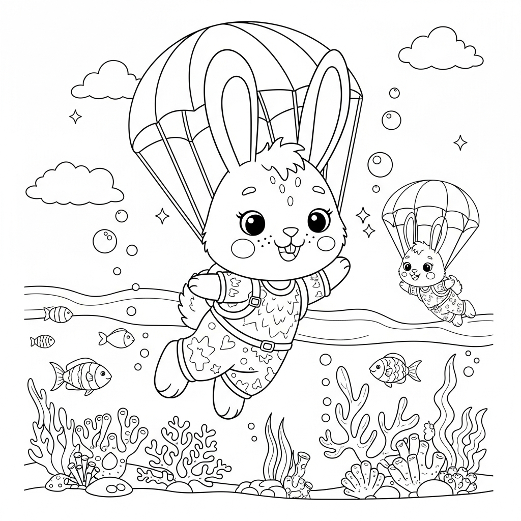 Desenho de coelho para colorir descendo em paraquedas sobre peixes e corais