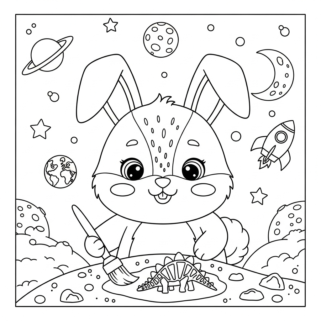 Desenho de coelho para colorir descobrindo fóssil de dinossauro no espaço com foguete