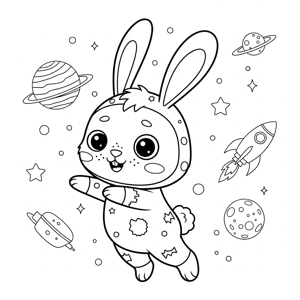Desenho de coelho para colorir vestido de zumbi no espaço com foguete