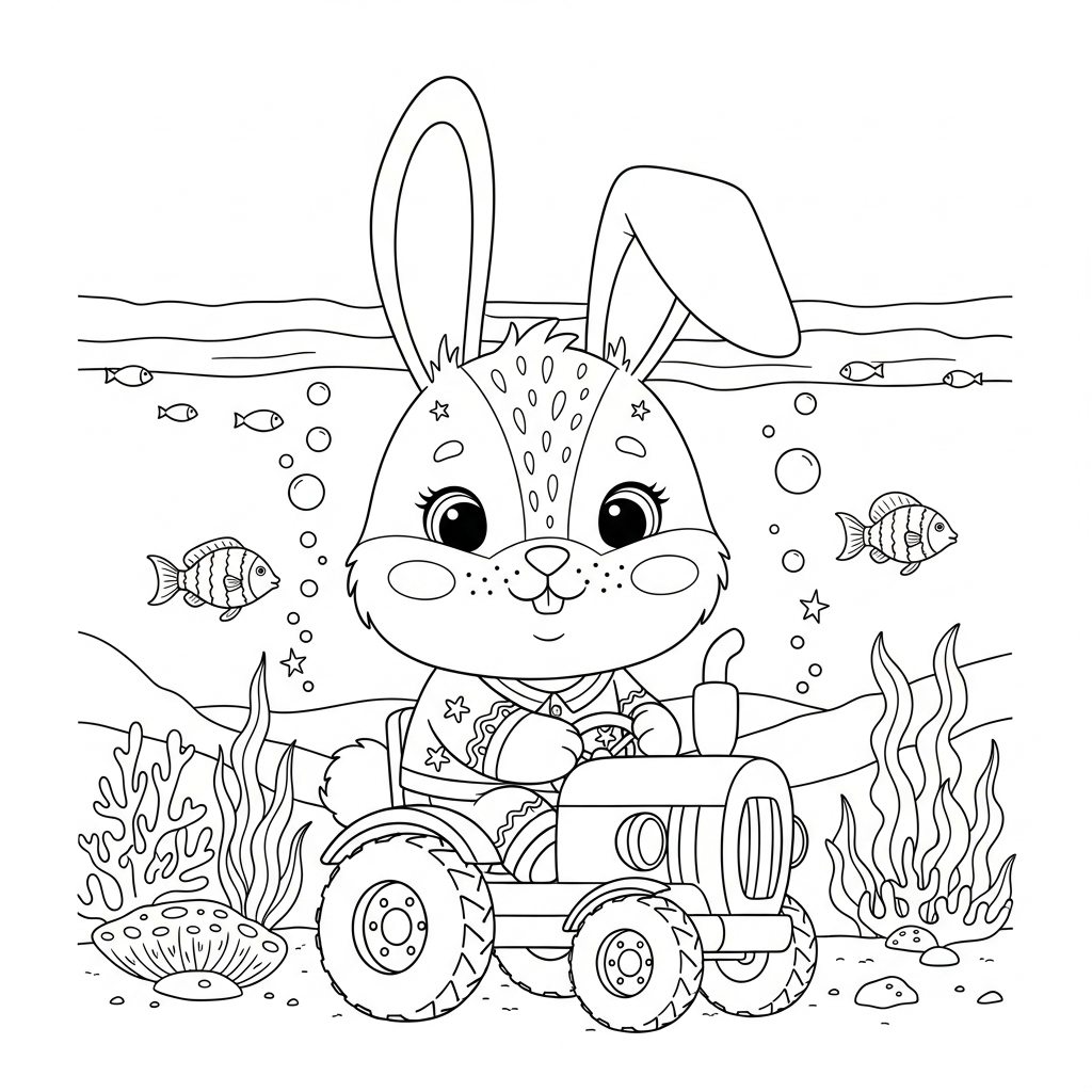 Desenho de coelho para colorir dirigindo trator no campo submarino com peixes e corais