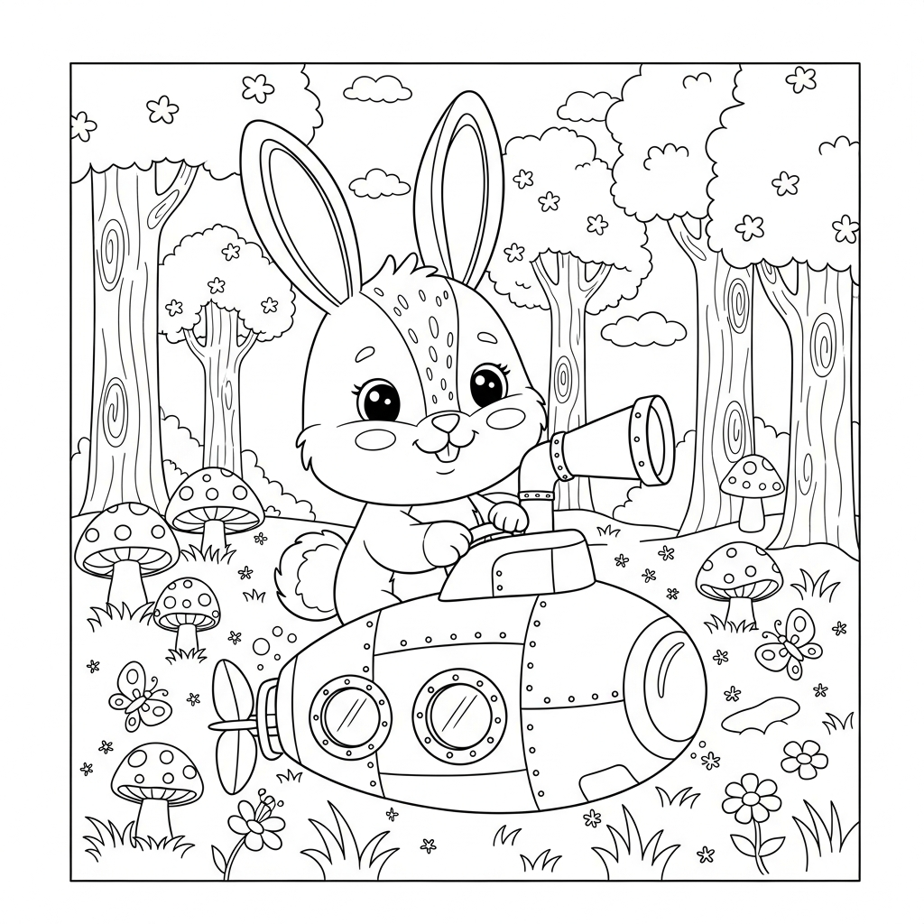 Desenho de coelho para colorir dirigindo submarino com periscópio na floresta com cogumelos e borboletas
