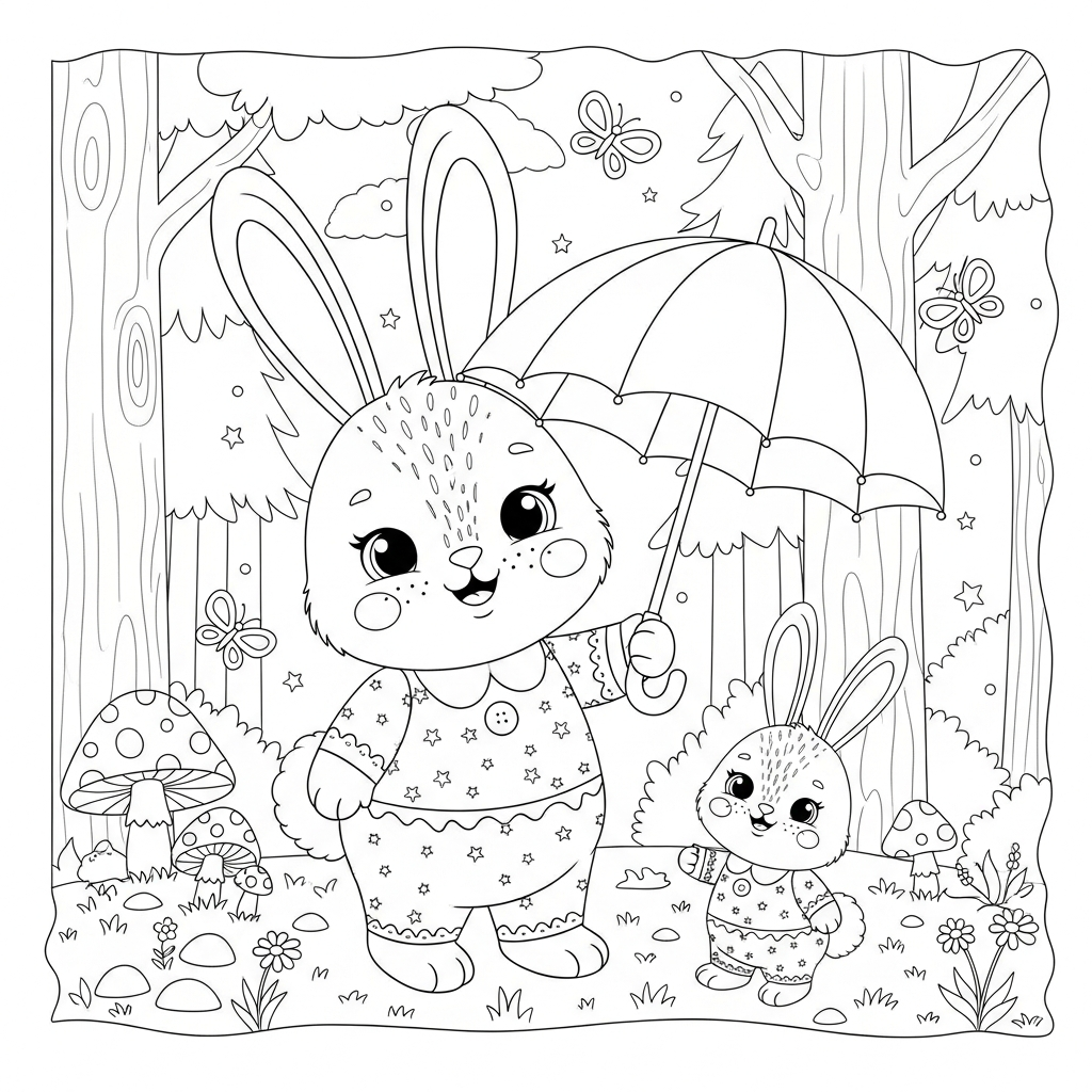 Desenho de coelho para colorir segurando guarda-chuva na floresta com cogumelos e borboletas