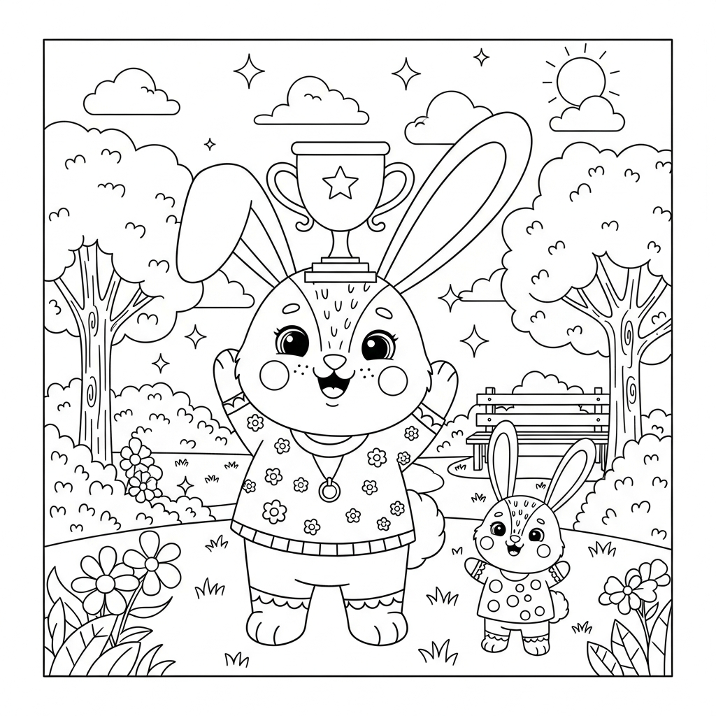 Desenho de coelho para colorir segurando troféu acima da cabeça em parque ensolarado.