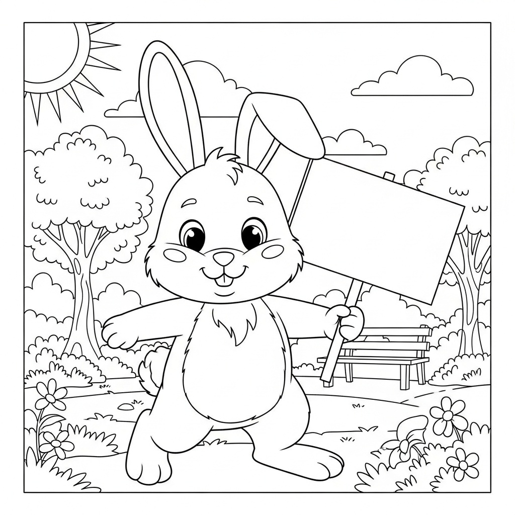 Desenho de coelho para colorir segurando placa em branco no parque ensolarado.