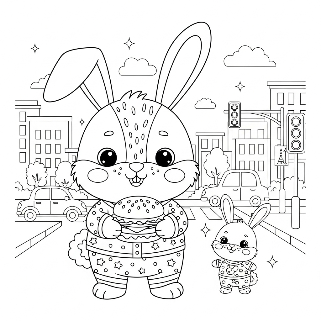 Desenho de coelho para colorir segurando hambúrguer com duas mãos na rua da cidade