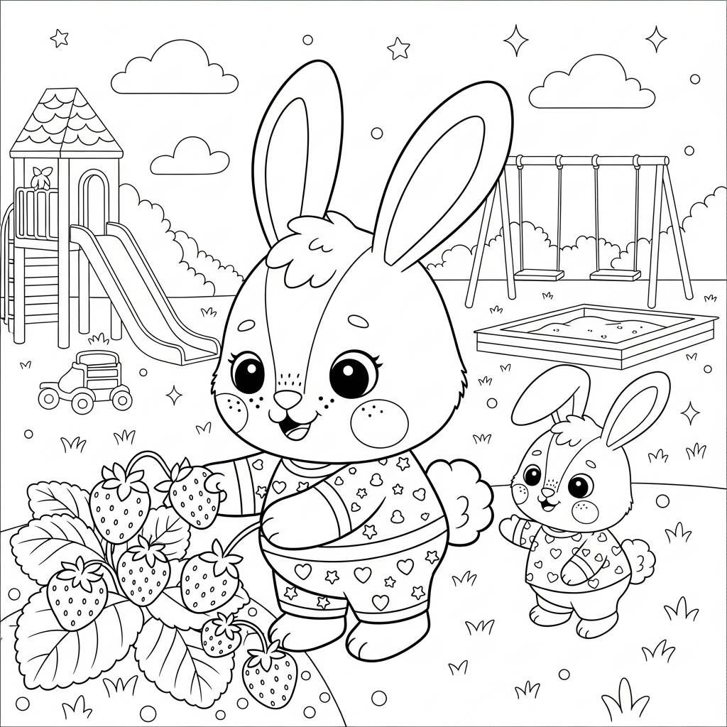 Desenho de coelho para colorir colhendo morangos perto de playground com escorregador